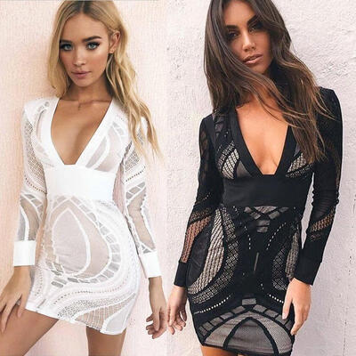 

Sexy Women Bandage Bodycon Dress Slim V-neck Long Sleeve Evening Party Cocktail Pencil Mini Dresses