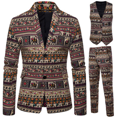 

Toponeto Mens Suit Slim Vintage Ethnic Style Party 3-Piece Jacket Coat & Pants&Vest