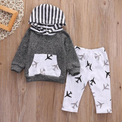 

Toddlers Kids Baby Girls Boys Airplanes Hooded Tops Pants Outfits Set Clothes