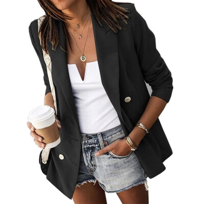 

2019 Autumn Fashion Casual Women Solid color Double row button Long sleeves Suit Coat