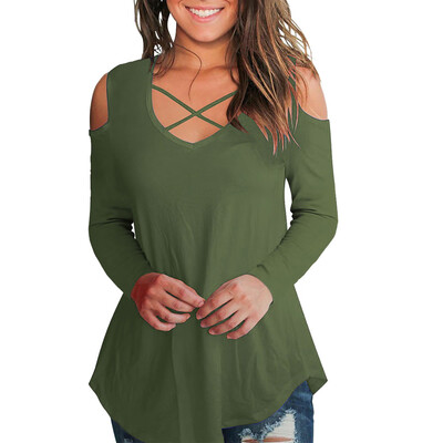

Nomeni Womens Casual Cross Tops Long Sleeve Cold Shoulder T Shirt Tee Blouse