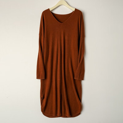 

Card&Geese cashmere sweater solid color v-neck new female sweater loose long dress 10539