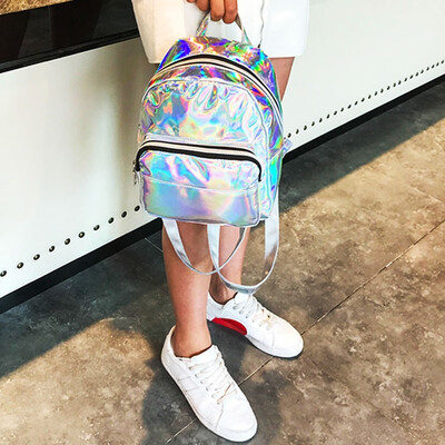 

Womans Fashion Laser Bag PU Leather Laser Backpack School Bookbag Tote Bag Travel Bag