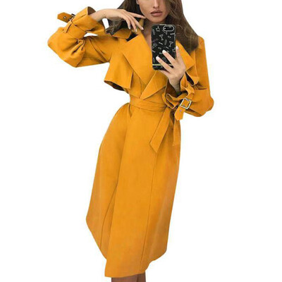 

Women Long Coats Lapel Long Sleeve Casual Loose Outerwear Solid Windbreaker Belt