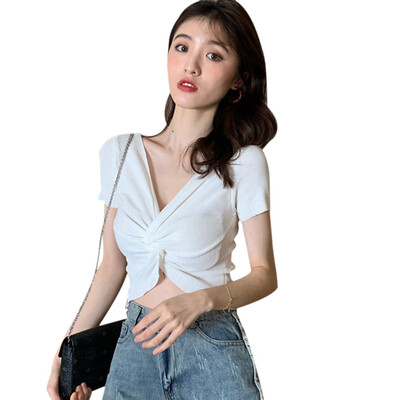 

Summer Short Sleeve Crisscross Knitted Crop Top Women Casual V Neck Solid T Shirt Women Slim Tops Camisetas Mujer