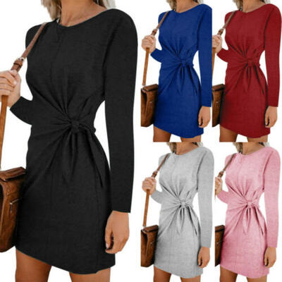 

AU Women Autumn Winter Dress Bodycon A-Line O Neck Long Sleeve Party Dress