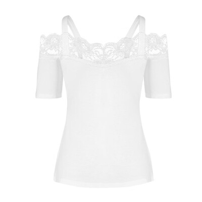 

Women Summer One Word Collar Long Sleeve Solid Color Loose Lace Stitching Casual T-shirt