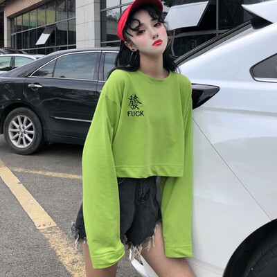 

Fashion Womens Sweatshirt Sexy Long Sleeve Chinese Character&Letter Embroidery O-Neck T-Shirt Crop Top Sweatshirt