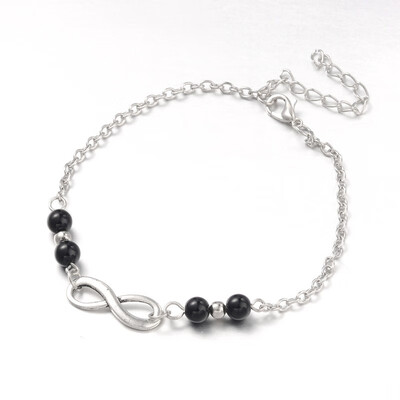 

Fashion Tibetan Style Alloy Infinity Anklets with Black Stone Beads Zinc Alloy Lobster Claw Clasps&Iron Chains Antique Silv