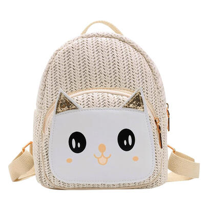 

Cartoon Cat Travel Backpacks Kids Girls Rucksack Straw Woven School Bags