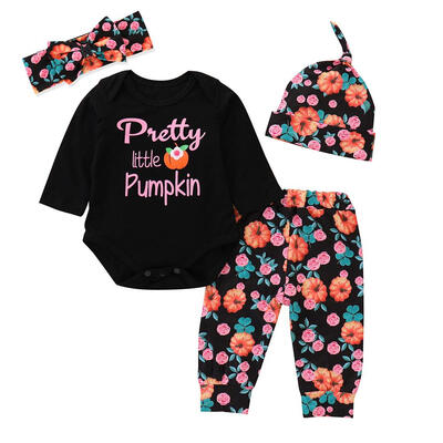 

4pcs Newborn Baby Cute Pumpkin Print Clothes Set Romper Pants Headband Hat