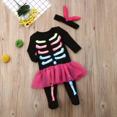 

US Toddler Baby Girl Kids Halloween Costume Jumpsuit Headband Ruffles Mini Dress