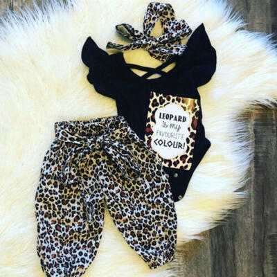 

3PCS Newborn Baby Girl Clothes Fly-Sleeve TopsLeopard Long Pants Outfit Sunsuit