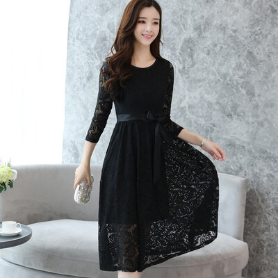 

2018 Autumn Lace Dress Womens Bow Party Casual Slim O-neck Sexy Hollow Out Runway A-Line Vintage Dresses