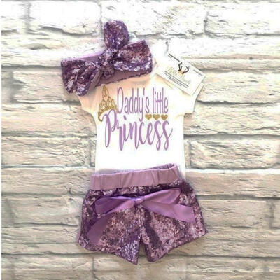 

Daddy&39s Princess Toddler Baby Girl Summer RomperSequins Shorts Set 3pcs Outfit Clothes 0-2years