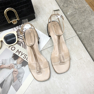 

Transparent T-shaped sandal female 2019 new student Joker with thick heel with high heels female fairy wind