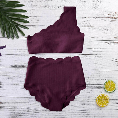 

Saidsome Lady Vintage High Waisted Swimsuit Two Pieces Scalloped Trim One Shoulder Bikini