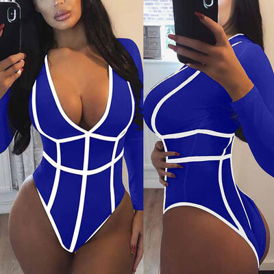 

Fashion Women Contrast Beading Bodysuit Bodycon V-Neck Jumpsuit Romper Leotard Tops Blouse Playsuit Long Sleeve