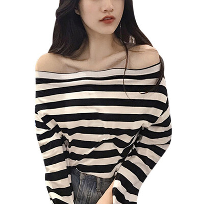 

Women Top Shirt Casual Loose Long Sleeve Hip Hop Shirt Women Striped Off Shoulder Streetwear Female Clothes T Shirt