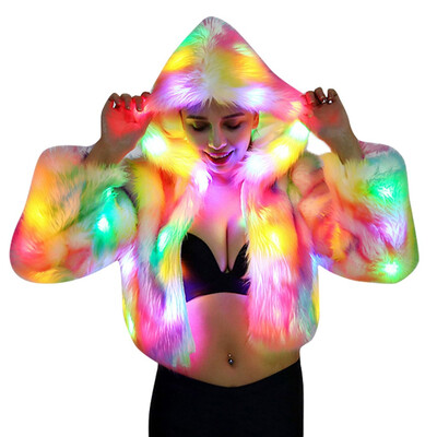 

Toponeto Womens Winter Fashion Colorful LED Luminous Flash Imitation Plush Hooded Jacket