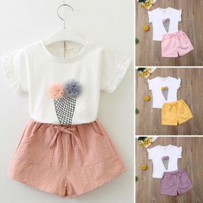 

US Toddler Kids Baby Girl Ice Cream Tops Shirt Short Pants Outfit Clothes Summer