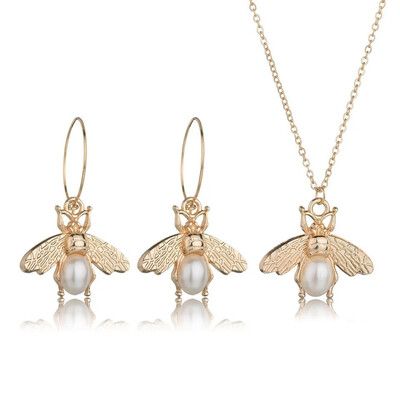 

3PCS Women Trendy Earrings&Necklace Sets Bee Animal With Pearl Female Jewelry Women Wedding Jewelry Gold Chain Jewelry Sets