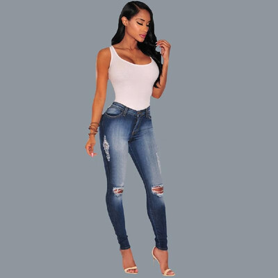

Sexy Women Denim Jeans Ripped Hole Skinny Pants High Waist Washed Stretch Pencil Trousers Leggings Blue