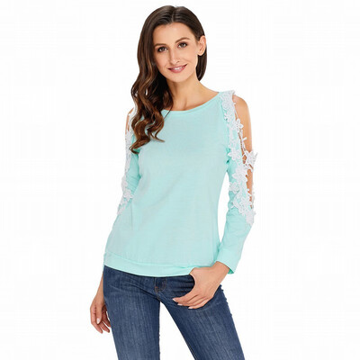 

Round neck long sleeve lace trim lace casual straight top