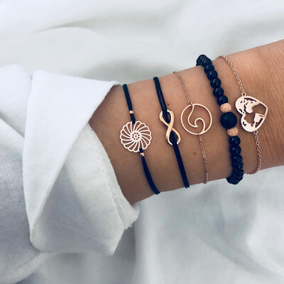 

Set of 5-PIECE Waves Hollowed-Out Map Black Beaded Women\ Fashion Bracelet
