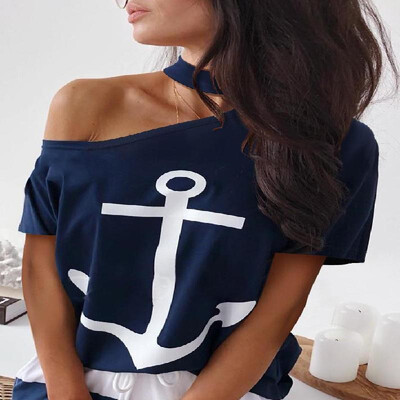 

Foreign trade AliExpress wish hot sale explosions print off-the-shoulder hanging neck casual asymmetric short-sleeved shirt Dark