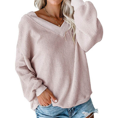

Fashion Women V Neck Pullover Casual Long Sleeved Women Tops Loose Knitted Baggy Sweater Tops Outwear