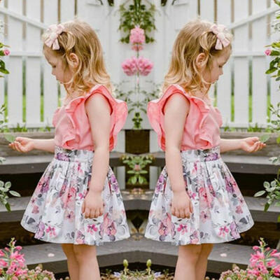 

2Pcs Kids Toddler Baby Girls Ruffle T-shirt Tops Floral Skirt Dress Set Clothes