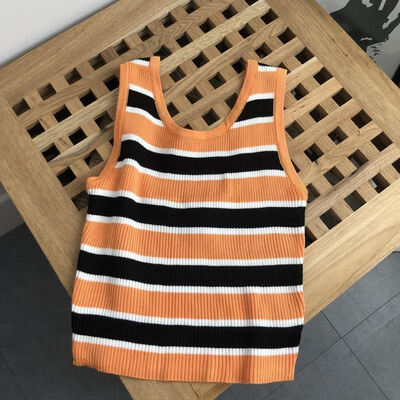 

Ladies Vintage Contrast Round Neck Sleeveless Top Stripe Ribbed Summer Knit Ms Mini Vest Summer