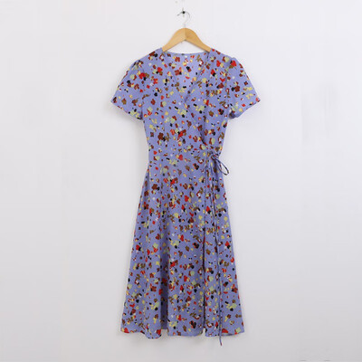 

Womens Deep V Neck Short Sleeves Floral Print Slim Waist Boho Beach Sexy Dresses