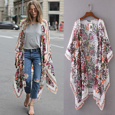 

Roseonmyhand Women Floral Print Chiffon Loose Shawl Kimono Cardigan Top Cover up Shirt Blouse