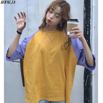

Womens INS O-Neck Half Sleeve Color Block Patchwork Loose T-Shirt Simple Korean Style Casual T-Shirts