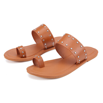 

Rose Summer Fashion Womens Flat Solid Color Rivets Wild Sandals Toe Slippers