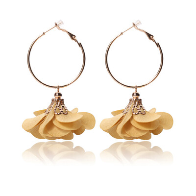 

Gold color Circle Yarn Fabric Cloth Flower Handmade Craft Hanging Dangle Drop Earrings For Women Ladies Statement Jewelry