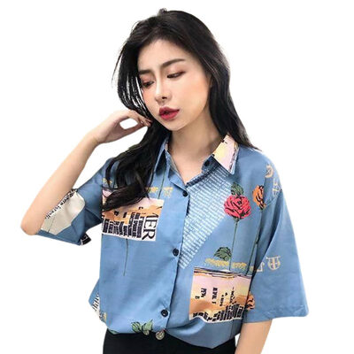 

Fashion Women Short Sleeve Streetwear Retro Shirt Korean Style Print Rose Harajuku T Shirt Women Chiffon Clothes New Tops