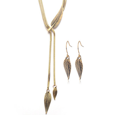 

Vintage Women Long Chain Leaf Pendant Necklace Hook Drop Earrings Jewelry