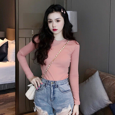 

Fashion Solid Color Round Neck Slimming Long-sleeved T-shirt Tight Bottom T-Shirts