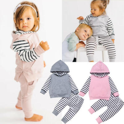 

2PCS Newborn Baby Boy Girl Winter Clothes Set Hooded Tops Striped Pants Outfits