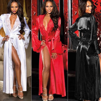 

Womens Long Silk Kimono Dressing Gown Bath Robe Babydoll Lingerie Nightdress New