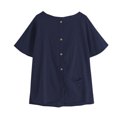 

Cotton Blouse Tops Summer Women Blouses Short Sleeve Buttons Casual Shirt Pockets Patchwork Loose Blusas Oversized