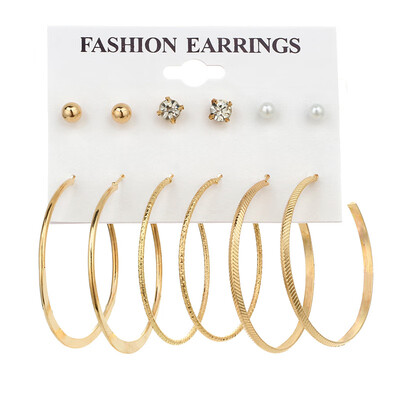 

EK493 6 Pairsset Earring Set European Simple Punk Crystal Pearl Small Ball Big Circle Round Hoop Earrings for Women Jewelry