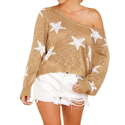 

New Fashion Women Tops Single Shoulder Thin Stars Printed Long-Sleeved Shirt Loose Pullover V-neck sweater
