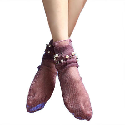 

Sexy Women Faux Pearl Glitter Transparent Ultra Thin Elastic Middle Tube Socks