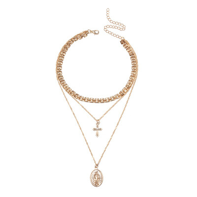 

Geometric Coins Statement Choker Trendy Multi Layered Woman Chain Gold Silver Jesus Big Cross Pendant Necklace women Jewelry