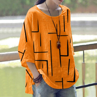 

Starmoon Women Summer Casual Round Neck Print Loose Daily Blouse Beach Shirt Tops