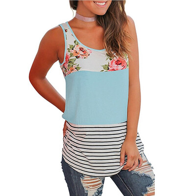 

Nomeni Women Casual Floral Stripe Print Patchwork Sleeveless Tank Top Vest Blouse
